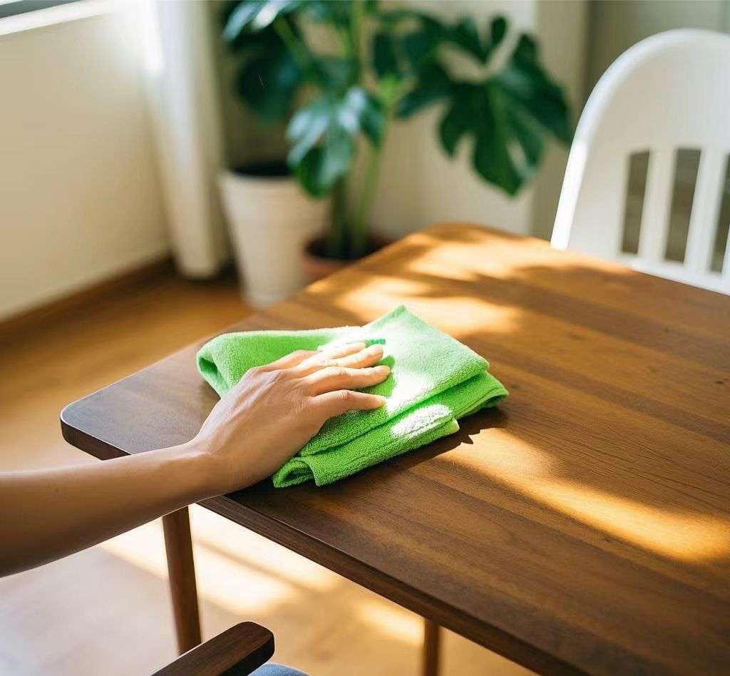 towel the desk with rag mop the table with rag