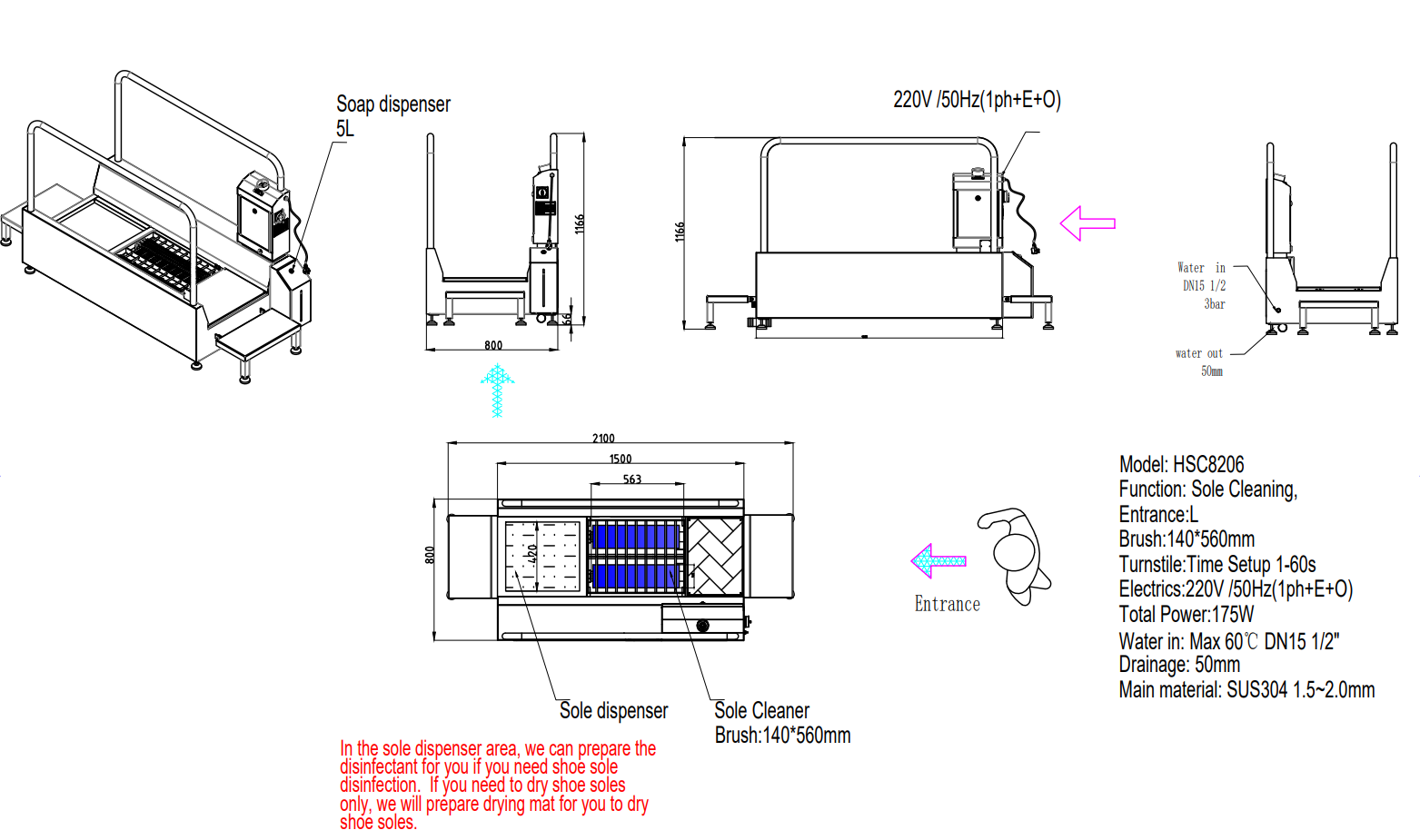 The technical drawing of industrial hygienic station HSC8206